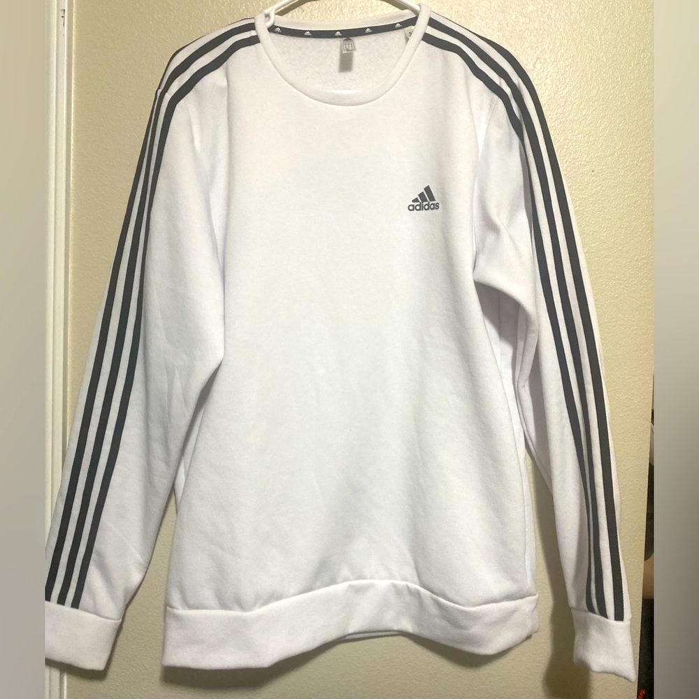 🔥Adidas Mens White Black Stripe Pullover Sweater-size M